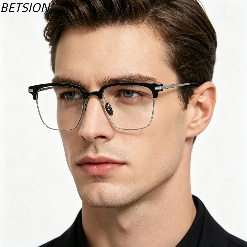 

BETSION Retro Square Men's Reading Glasses Pure Titanium Anti-Blue Light Myopia Customizable Prescription Business Eyewear #7049
