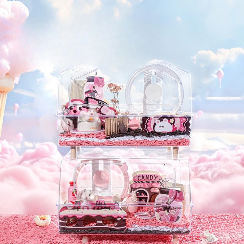 Mainan Tempat Persembunyian Gaya Toko Permen Hamster Dekorasi Kandang Platform Tangga Roda Lari Aksesori Rumah Taman Bermain Hewan Peliharaan Kecil Desain Lucu