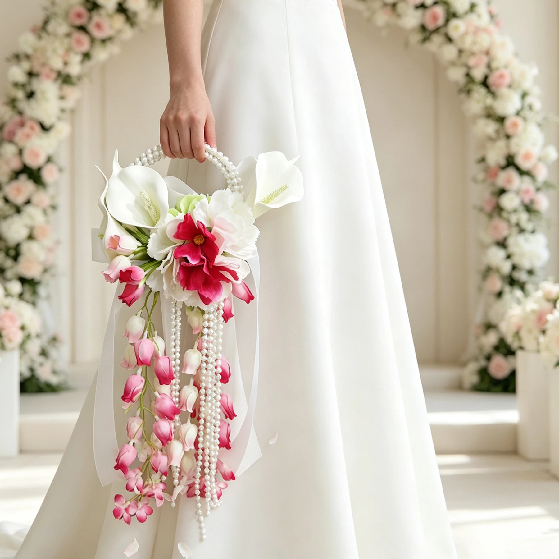 Pearl Ring Hand Bouquet White Calla Lily Fuchsia Artificial Flower Bride Holding Bouquet Wedding Photo Prop With Long Pearl Tass