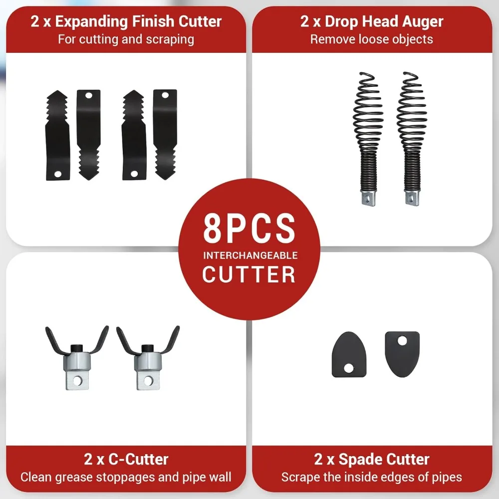 Máquina de limpeza de drenagem de alimentação automática de 100 pés x 1/2 polegadas com motor de 370 W, trado de cobra de esgoto portátil