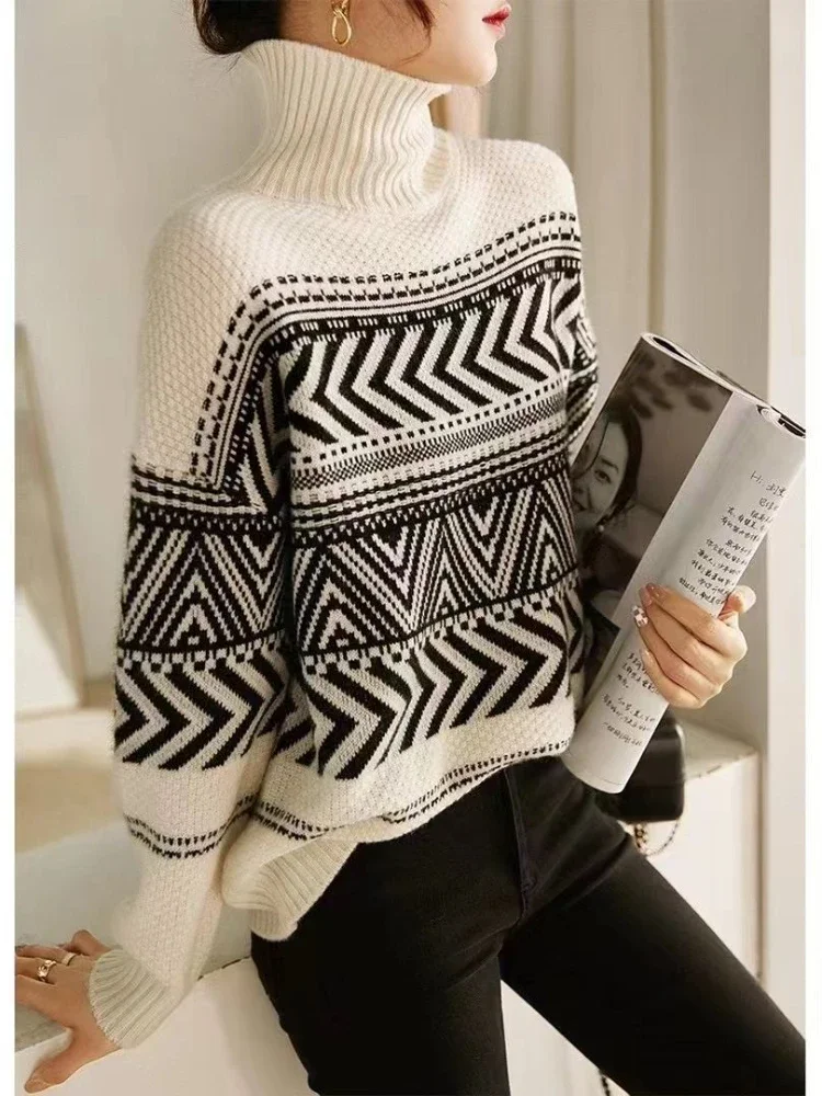 2024 Autumn/Winter Fashion New Elegant Korean Women's Knitted Hoodie Striped Color blocked Warm High Collar Long Sleeve Sweater