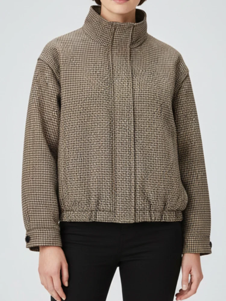 

Женская повседневная куртка-бомбер в клетку с воротником-стойкой, шикарная, с длинными рукавами, отложным воротником, V-образным вырезом, на молнии, укороченная, новая весенняя верхняя одежда 2026 года