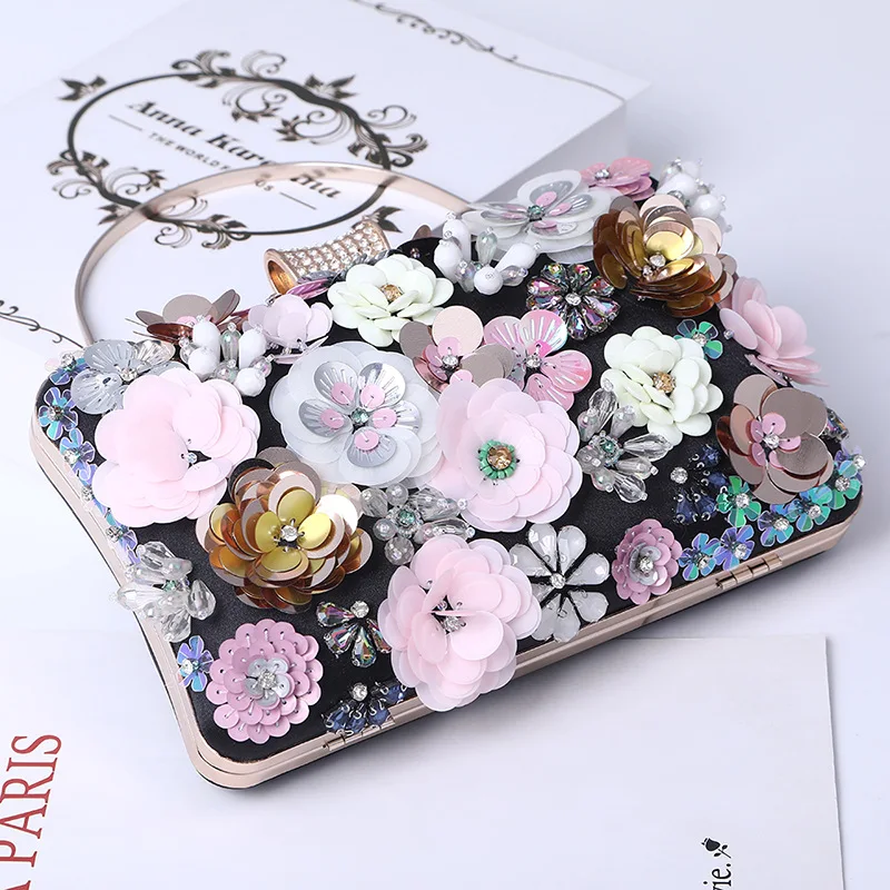 Fashion Women Flower Evening Handbag Chain Strap Shoulder Bag Multicolored handmade party clutch purse for wedding beaded bags