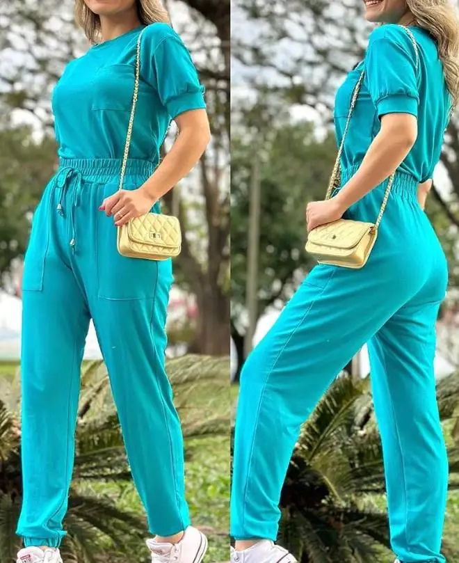 Two Piece Set for women 2023 New Summer Pocket Design Round Neck Short Sleeve Top & Drawstring Pocket Casual Pants Set