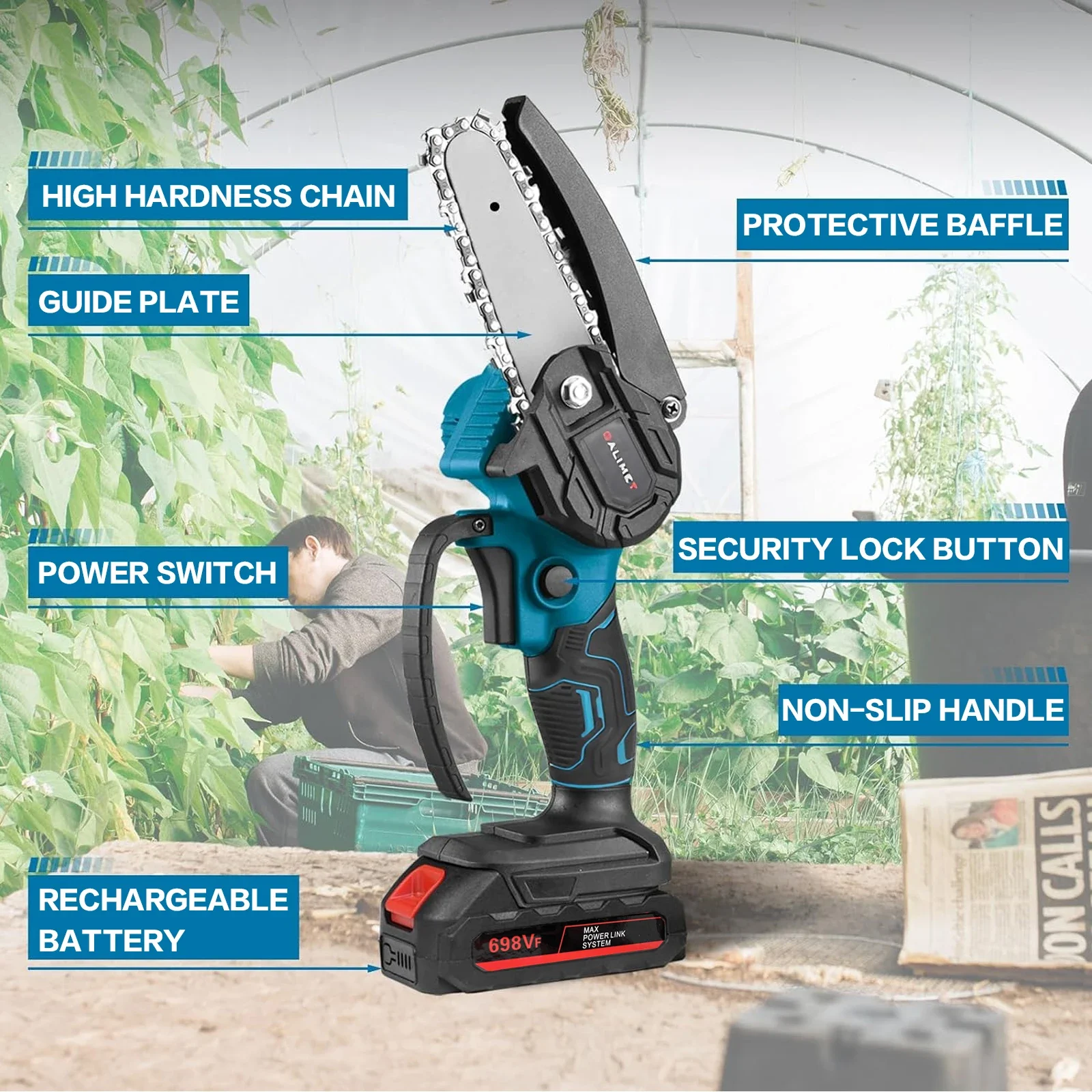 Cordless Rechargeable Handheld Pruning Chainsaw 4 Inch 6 Inch Mini Electric Chainsaw for Garden Tree Branch Trimming Backyard Wood Cutting Portable Power Tool Kit Wireless Saw for Home DIY Projects and Outdoor Maintenance