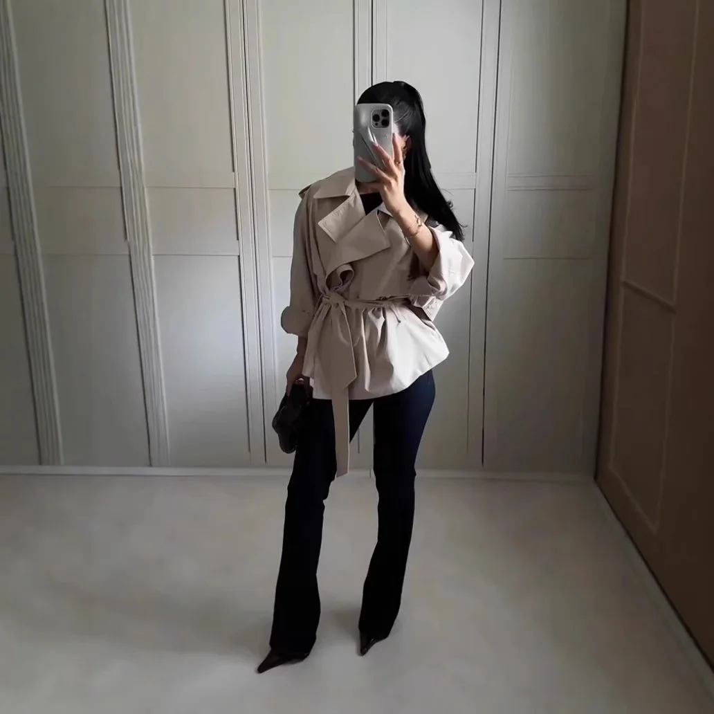 

Осенний женский плащ на шнуровке с воротником с лацканами, плиссированная завязанная талия, свободная женская верхняя одежда, минималистичное универсальное пальто для женщин