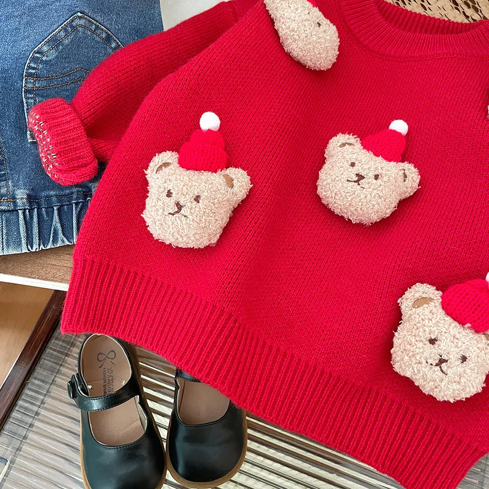 2025 موضة بنات بنين عيد ميلاد سعيد لطيف الدب الأحمر البلوزات طفل أطفال ملابس الشتاء الأطفال ملابس السنة الجديدة الملابس المتماسكة