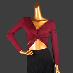 2023 Women Latin Dance Top Lady Sexy Off-the-shoulder Bandage Jacket Ballroom Dancing High Waist Short Crop Top Dancewear