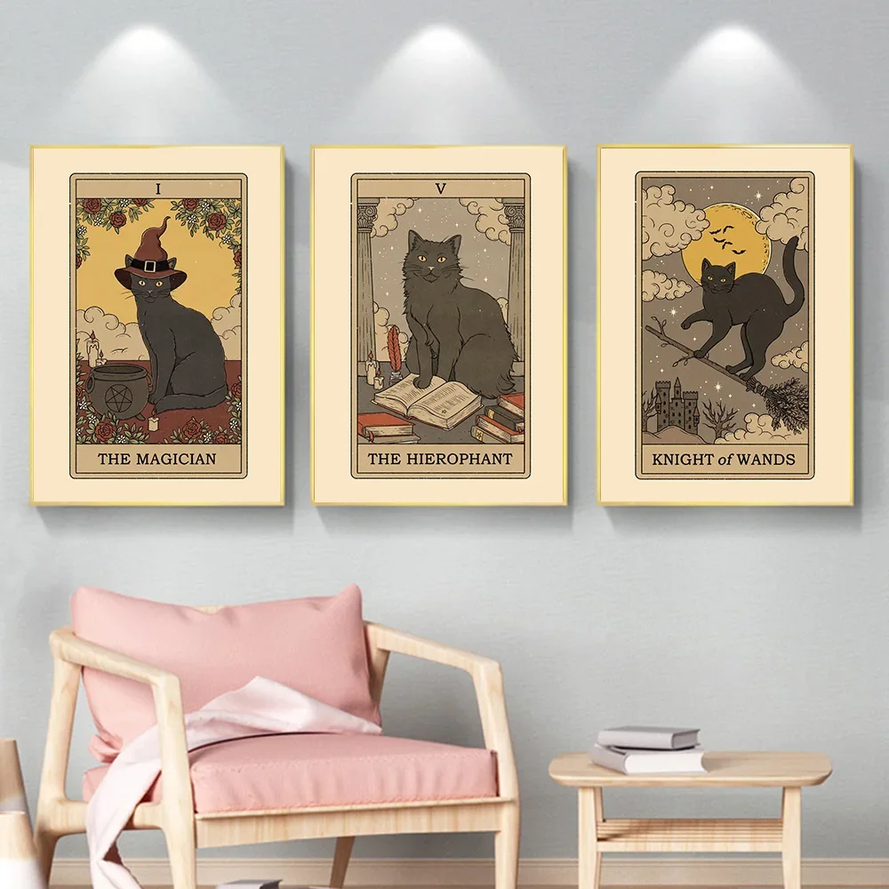 Funny Cat Tarot Posters World Tower Magician High Priestess Canvas Painting Modern Wall Pictures Halloween Gifts Home Decor