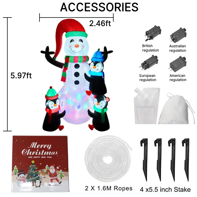 5.9FT Snowman Penguins Stack Inflatable Christmas Decorations Xmas Ornaments Lights Outdoor Home Yard Holiday Party Decor Toys