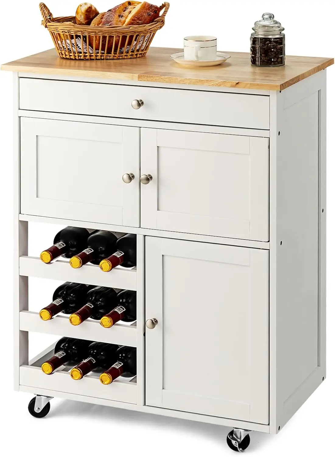 

Kitchen Island Cart, Rolling Kitchen Trolley Cart, Wood Storage Cabinet with Large Drawer, 9 Wine Bottles Rack, Modern R