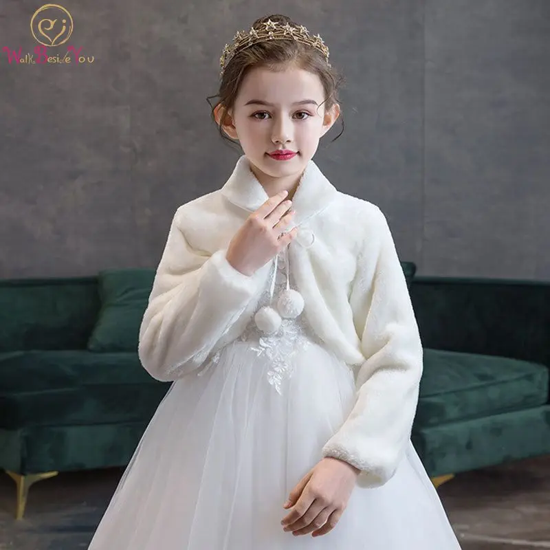 Kids Wedding Wrap Long Sleeves Faux Fur with Collar Flower Girl Jacket Winter Shawl Child Bridal Cape Party Shrug