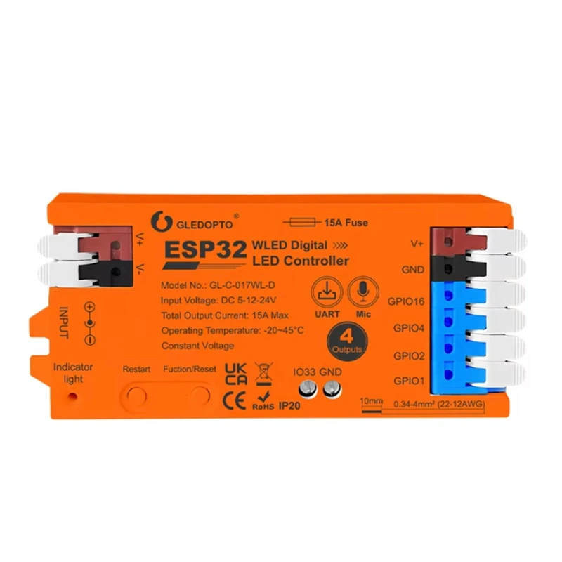

NEW_GLEDOPTO ESP32 WLED-контроллер с 4 выходами и предохранителем, микрофонная подсветка, оранжевая