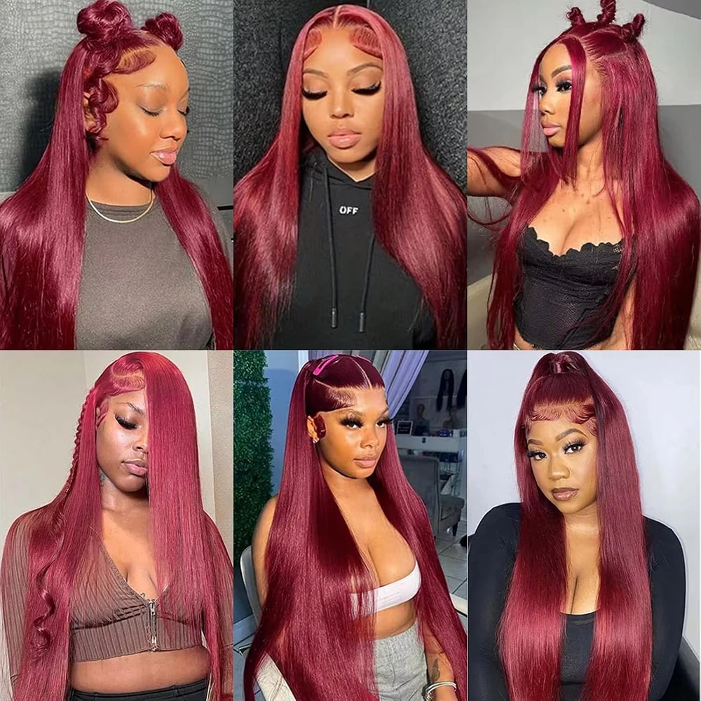 13x6 HD Transparent Lace Front Wig 52 Inch Human Hair Wig Straight 99J Red Burgundy Color Pre Plucked Lace Front Human Hair Wig