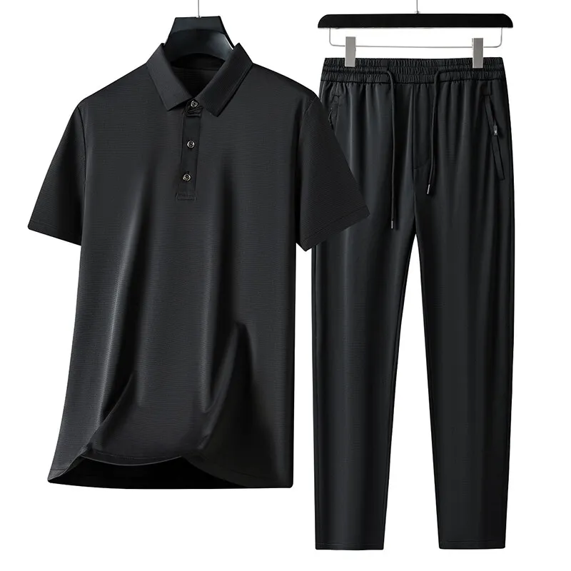 Set di pantaloni a maniche corte traspiranti in seta di ghiaccio tinta unita nuova moda estiva per set da due pezzi sportivo allentato casual da uomo