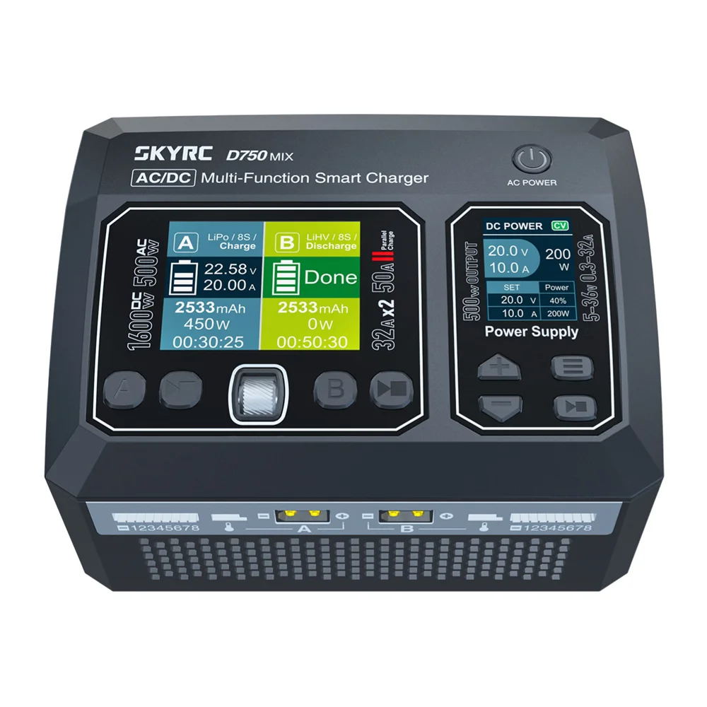 

SkyRC D750 MIX Multi Function Smart Charger 32A 500W AC 1-8S LiPo/LiFe/Li-ion/LiHV 1-20S NiMH/NiCd Battery Charge