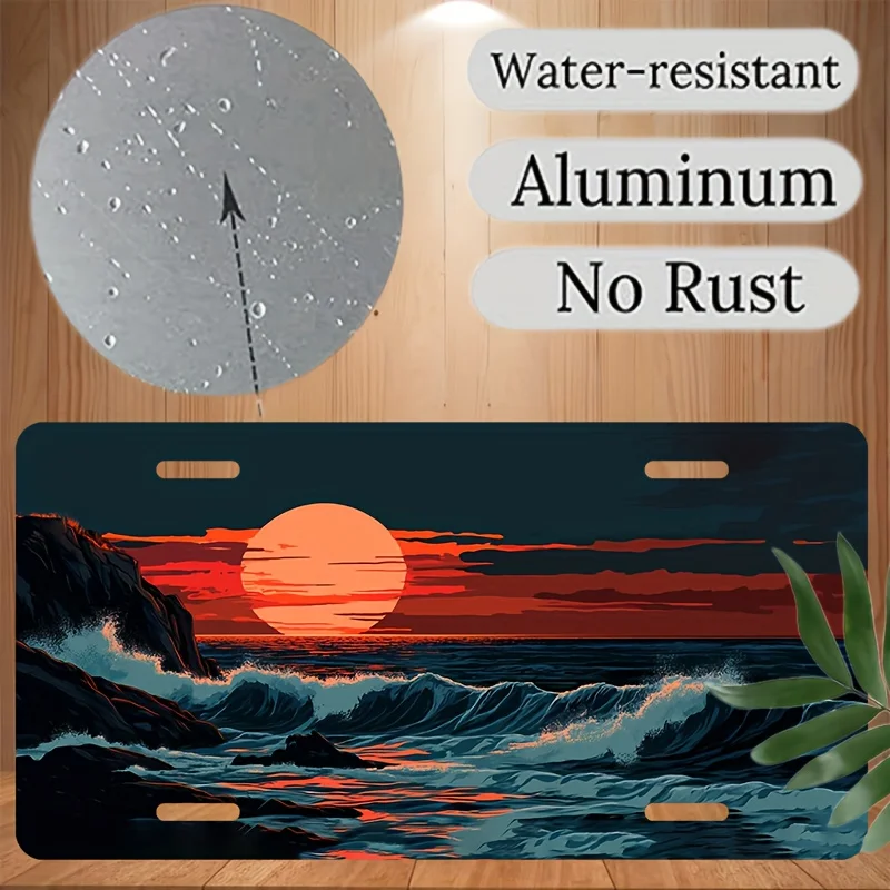 2D Plane, 1pc, License Plate, License Plate Frame and Trim Set, Ocean Wave Rock Sunset Pattern, License Plate Frame