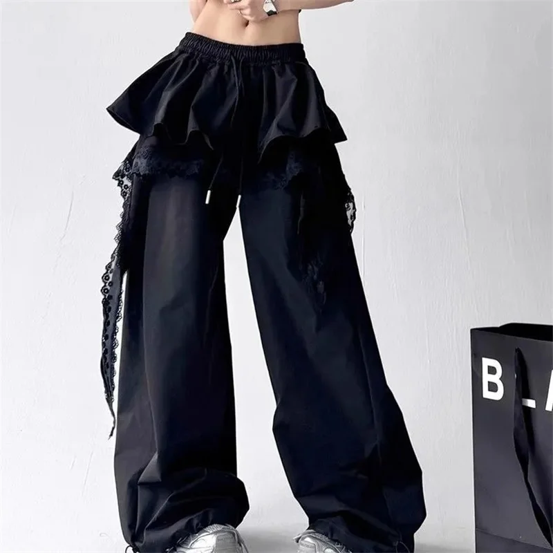 Women's Chic Design Tooling Casual Pants 2026 Spring Autumn New Niche Splicing Lace Trousers Female Dancing Wide-leg Pants