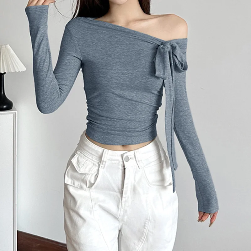 

Pesonalized Design Knot Ribbon Iegula Knitted Top Women's One Neckline Off Shoulde Basic Solid Colo Slim Fit T-Shit