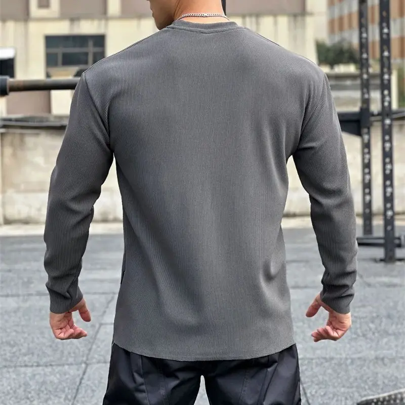 Loose long sleeve men's T-shirt outdoor casual solid color vertical grain men's shirt elastic fashion fitness sports men's wear