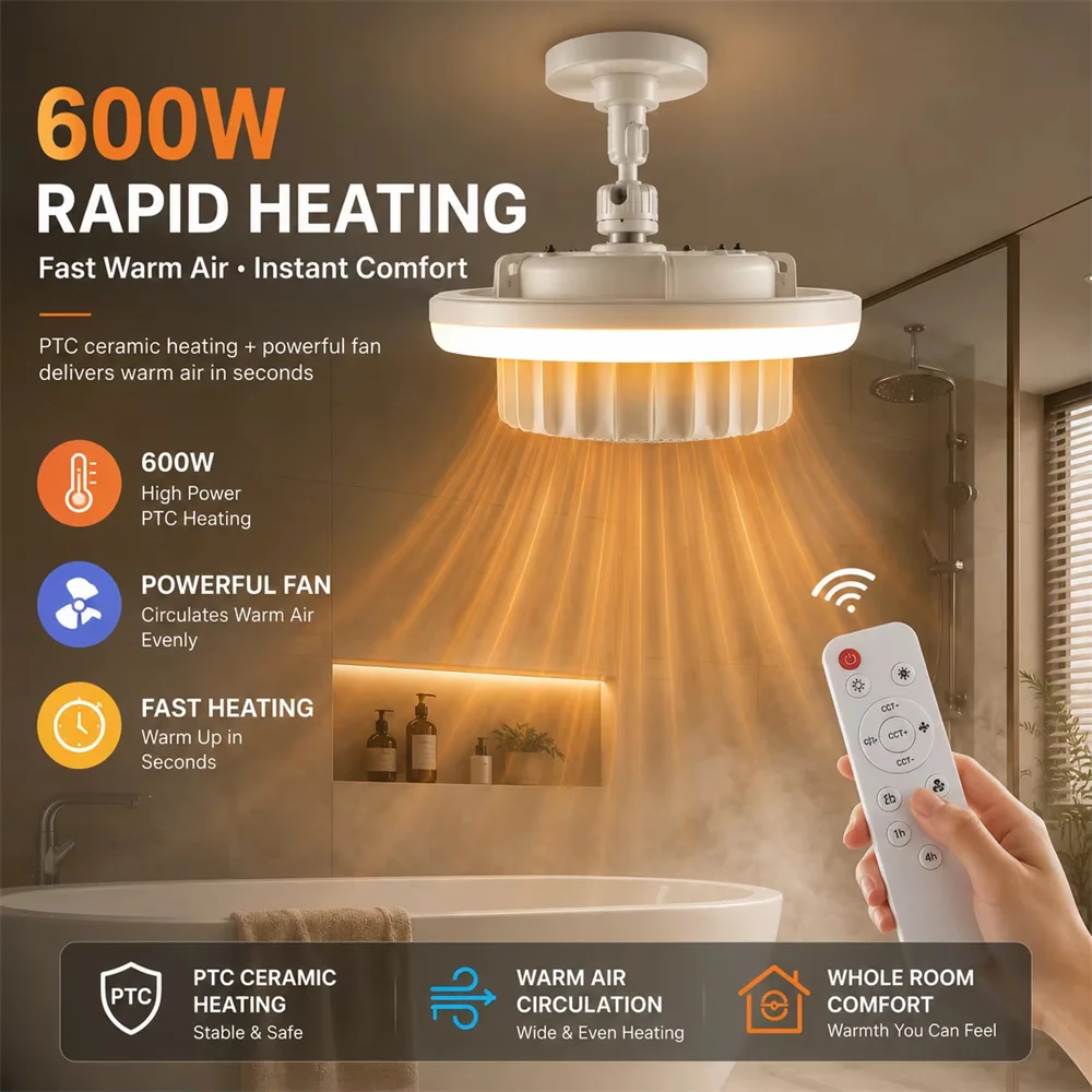 E27 Heizlüfter mit Licht 600W Ganzhausheizung Warmluftlampe mit Fernbedienung und Dimmfunktion, Spiralförmiger Elektrischer Deckenventilator mit Licht – Detail 1