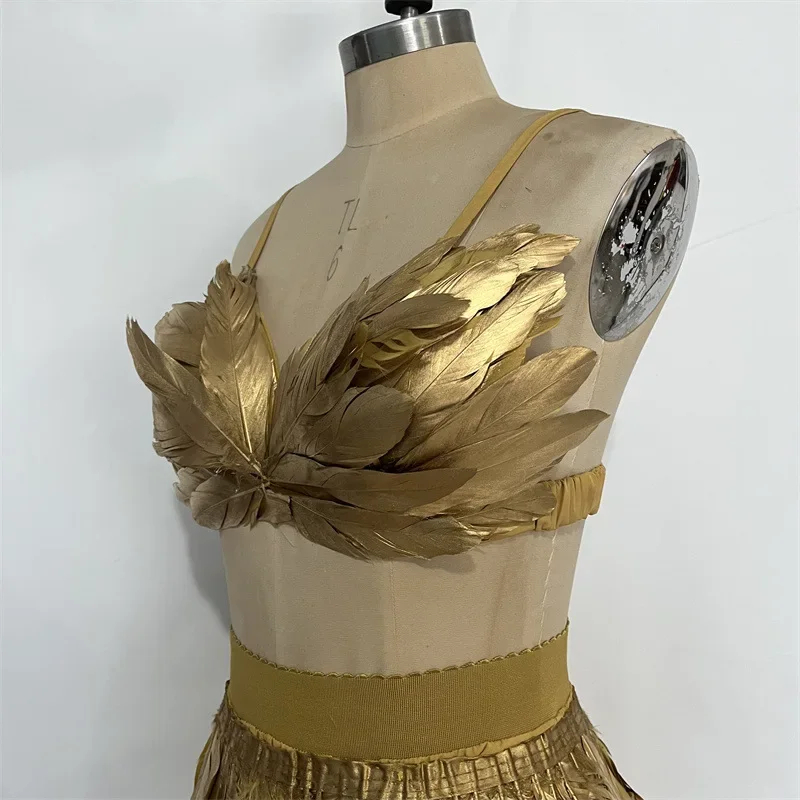Gold Feather Two Piece set Sexy Crop Top and Skirt Carnival Samba Costume  for Women Stage Performance Wear Party Show Halloween - AliExpress 200000532