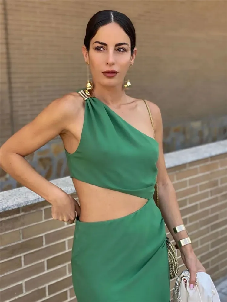 TRAF 2023 Cut Out Long Dress Women Asymmetric Off Shoulder Green Dress Woman Ruched Summer Midi Dresses Elegant Party Dresses