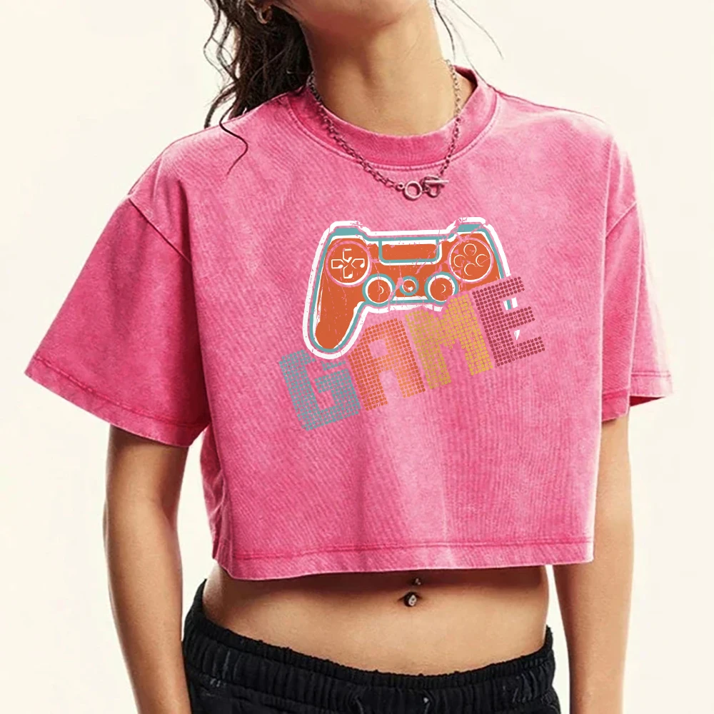 Game Console Creative Printing Women Washed T Shirt Street Retro Tee Top Casual Short Sleeve Cotton Fitness T-Shirts Female