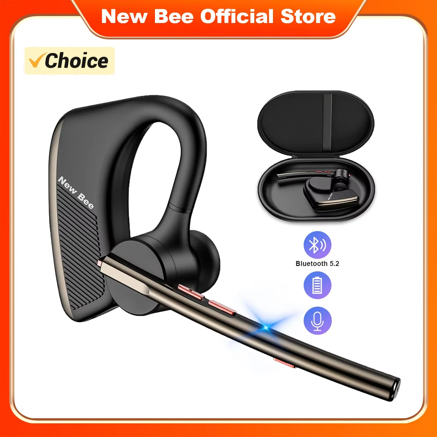 New Bee M50 Wireless Bluetooth 5.2 Headset Mute Dual Mic CVC8.0 Noise Cancelling Earphones Headphone Hands-free Earbuds Earpiece