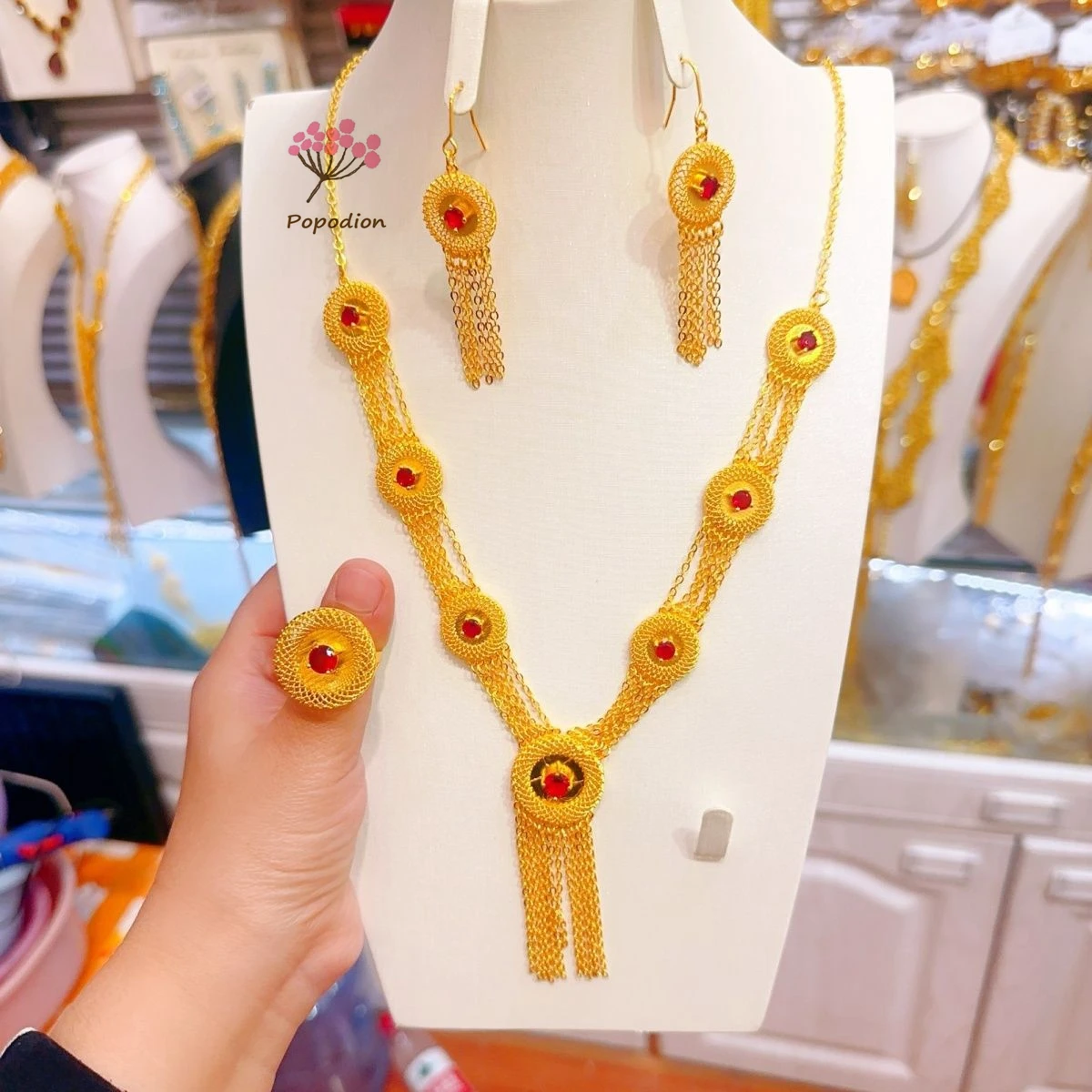 

New French 24K Gold Plated Necklace, Earrings, Rings, Wedding Engagement Party Jewelry Set for Lovers DD10691