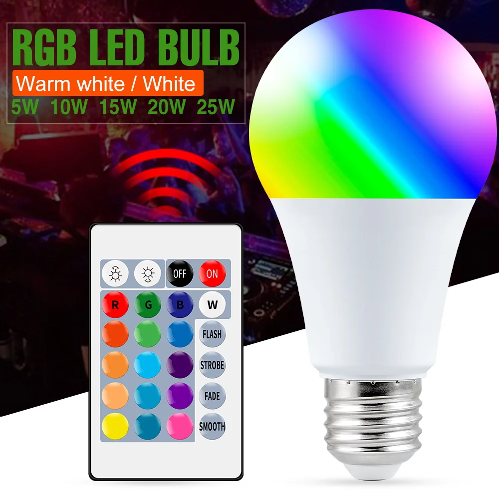 25W RGB LED Bulb E27 Colorful Ceiling Light AC220V Chandelier Bulbs 16Colors Mood Lamp Party Christmas Atmosphere Decor Lighting