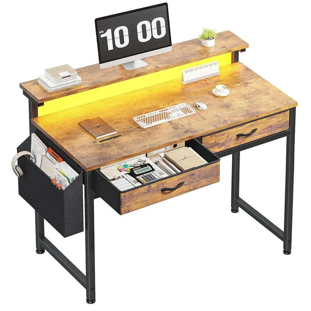 

standing desk l shaped desk table31.5 D Office Desk With LED Strip Lights Ergonomic Monitor Stand 2 Fabric Drawers And Side Pock