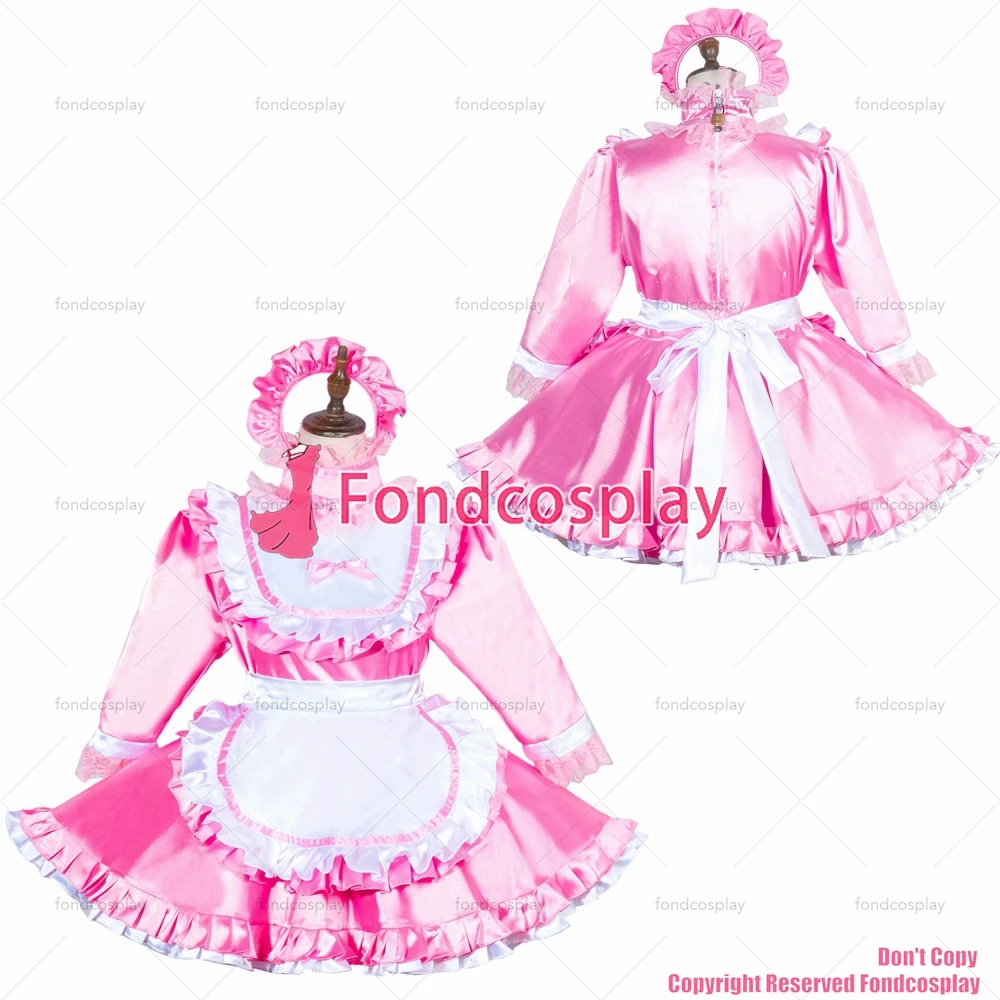 fondcosplay adult sexy cross dressing sissy maid baby pink satin dress lockable Uniform white apron costume CD/TV[G3753]