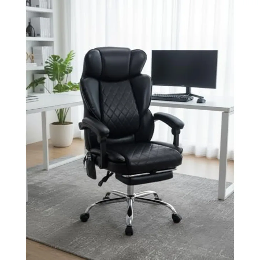 Office chair for home and gaming use, black PU leather with steel frame, 6-point vibration and heat massage, footrest, ergonomi