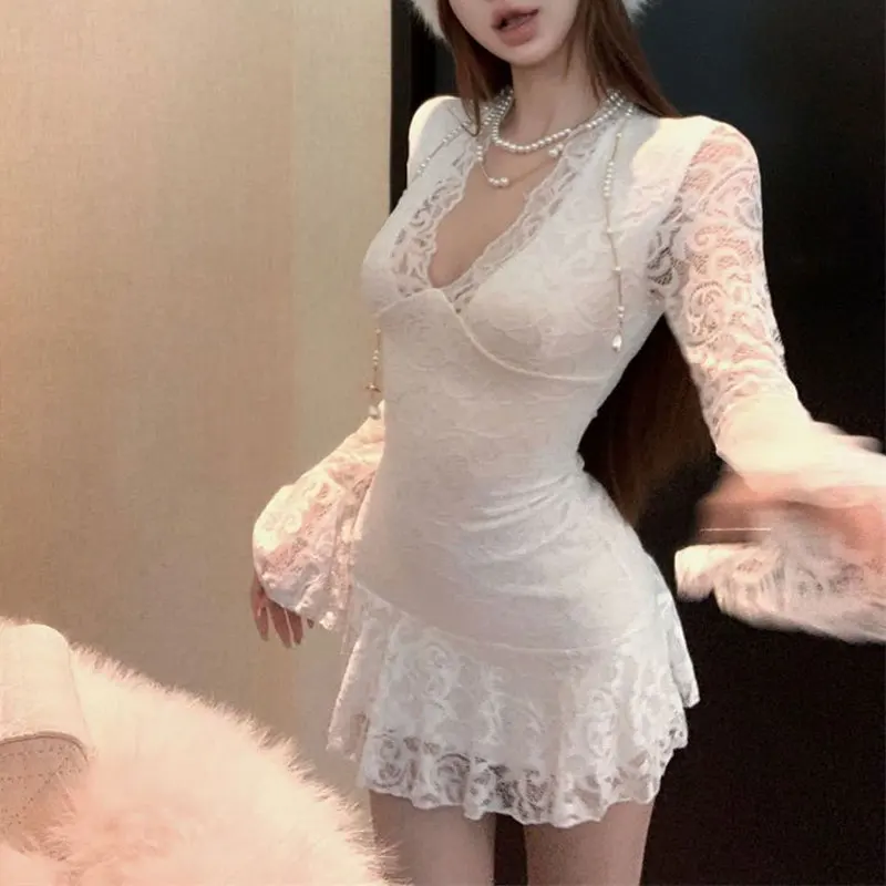 

Fashionable Lace V-Neck Hollow Out Dresses Women's Clothing Long Sleeve Spring Autumn Slim Waist Aura Vintage A-Line Mini Dress