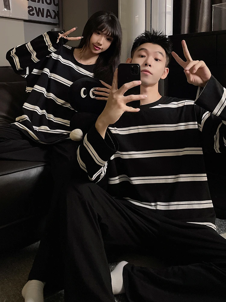 DAIMELU spring sleepwear set autumn couple pajamas women's pure cotton long-sleeved trousers simple casual striped men's lounge