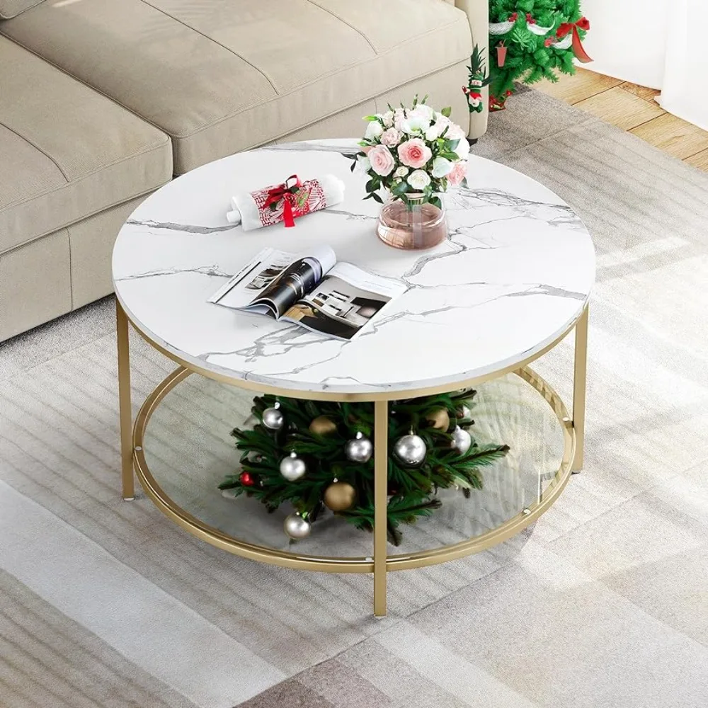 

2-Tier Circle Coffee Table With Storage Clear Coffee Table Furniture White & Gold Freight Free Living Room Tables Mesa Lateral