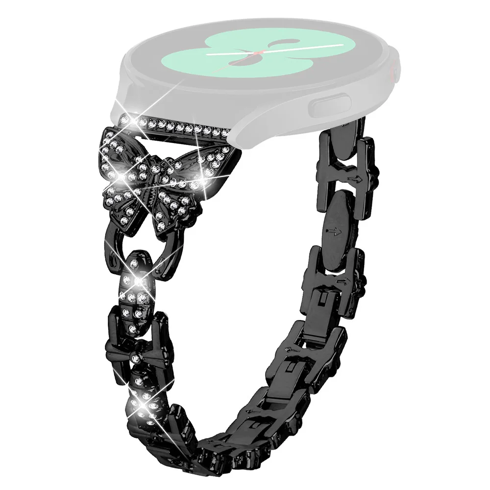 

For Samsung Galaxy Watch6 40mm 44mm Stainless Steel Watch Strap Butterfly Rhinestone Decor 20mm Metal Band - Black