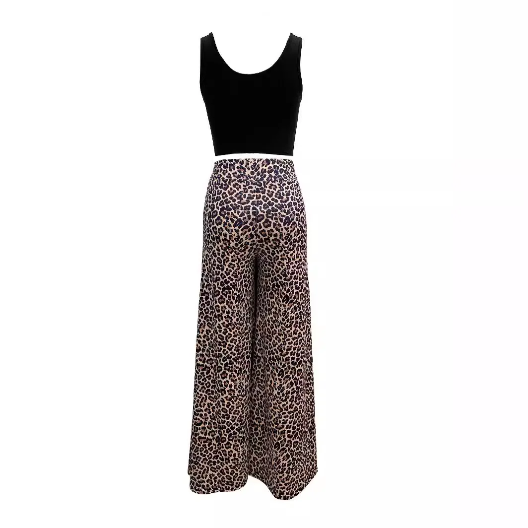 Two Piece Sets Women Outifits 2024 Summer Fashion Square Neck Sleeveless Crop Tank Top & Leopard Print Pocket Wide Leg Pants Set