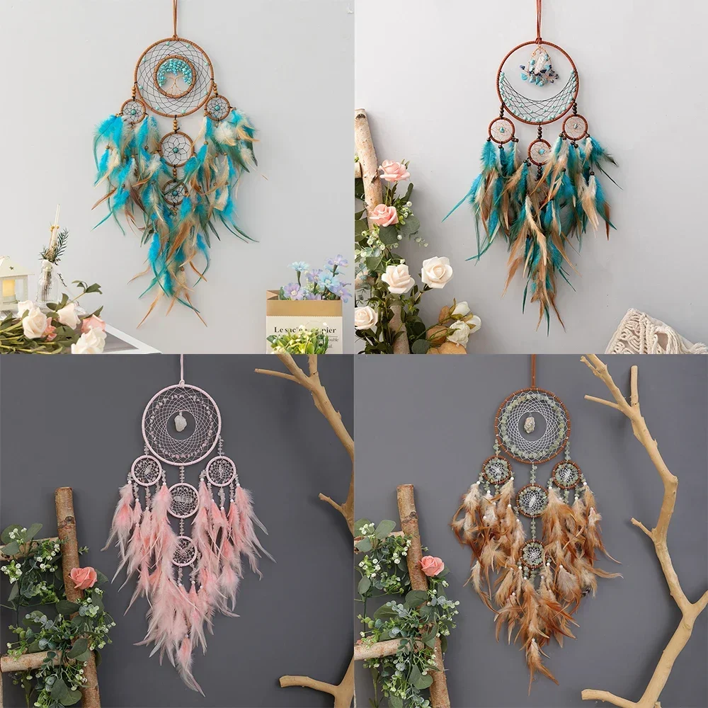 Handmade Dream-Catchers Hanging with Rattan Bead Feathers Wall Car Decoration Ornament Dreamcatchers Decoration Wind Chimes