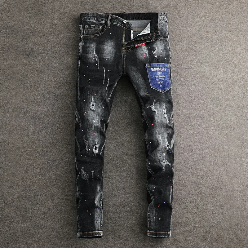 

Street Fashion Men Jeans Retro Black Gray Stretch Slim Fit Painted Ripped Jeans Men Pocket Designer Hip Hop Vintage Denim Pants