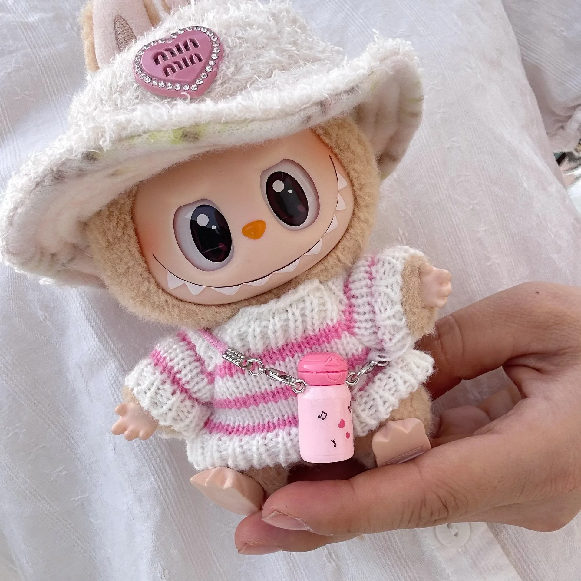 17cm Labubu V1 V2 Doll Clothing Cute Fashion Sweater Clothing Accessories Party Striped Sweater Hat Cup Toy Cute Surprise Gift