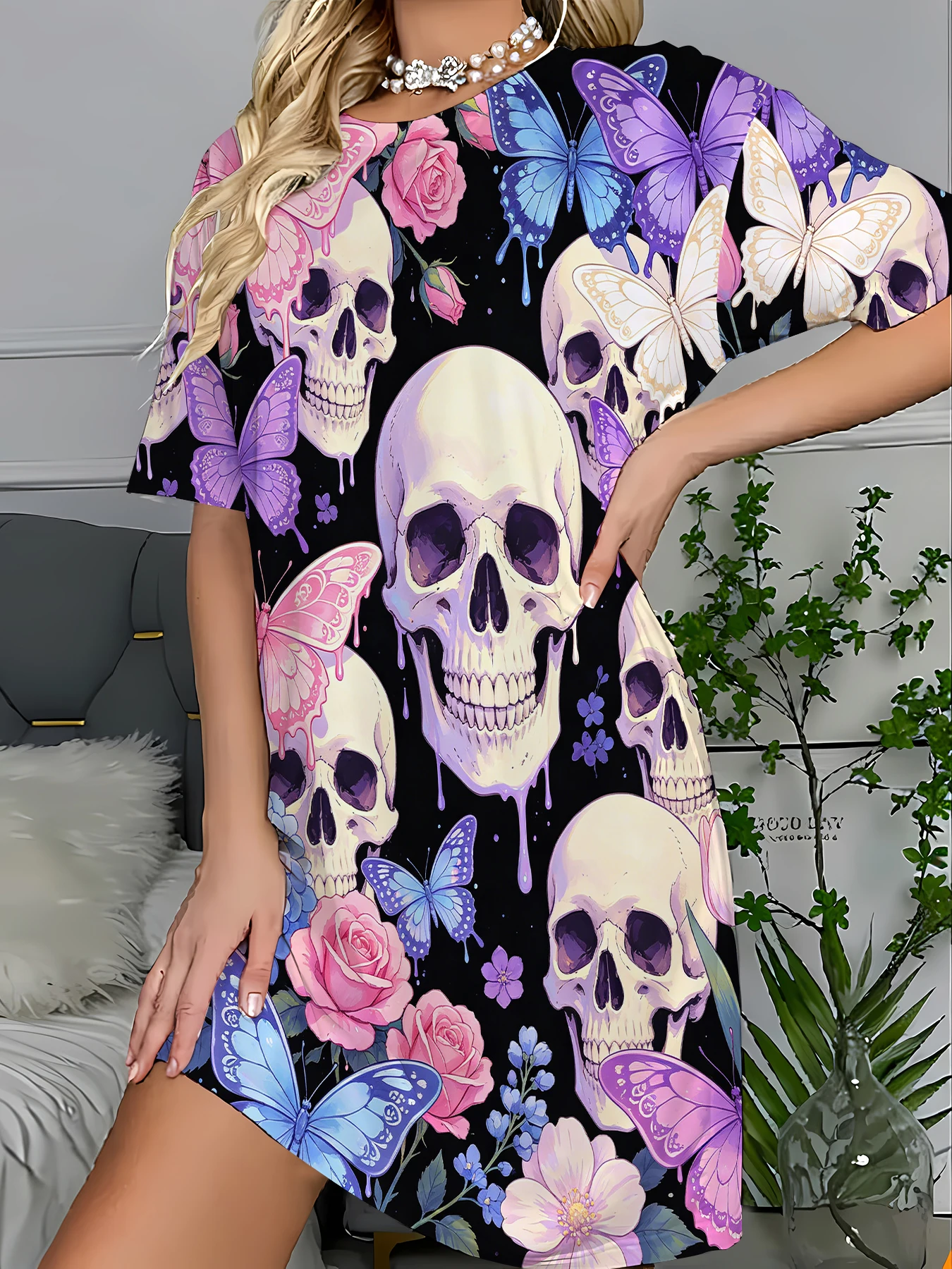 Boho Print Long Sleep T-Shirt Dress Women Vintage Summer Nightgown Loose Fit