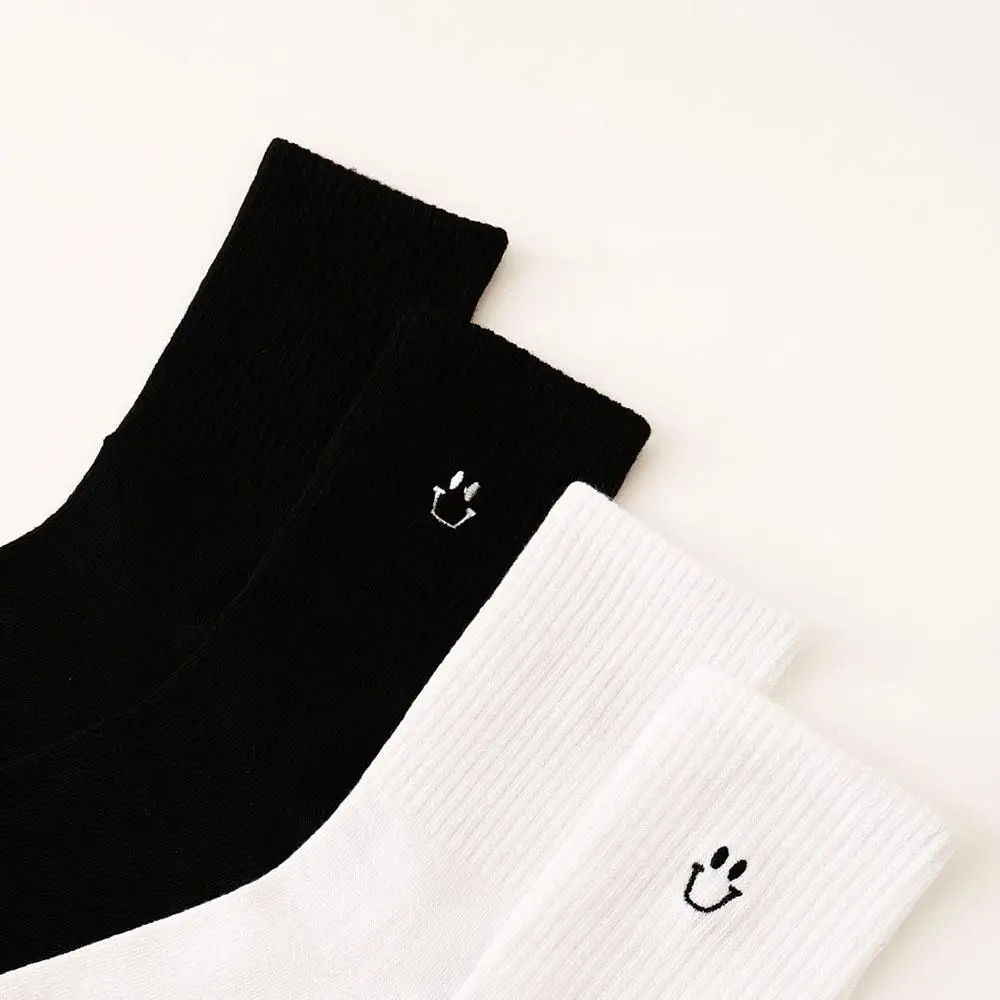 2 Pairs Women Smile Socks Y2k Black White Socks For Girl Cotton Socks Funny Simple Design Embroidery Korean Style