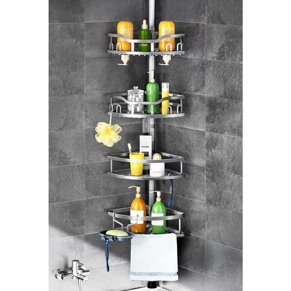 

Adjustable Corner Shower Caddy: Rustproof 4-Tier Organizer for Bathroom Storage, Quick Install Silver Gray