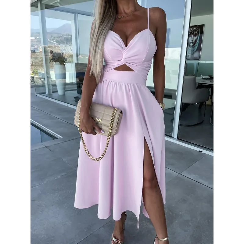 

Wepbel Y2K V-neck Camis Dress Women Summer Sleeveless Brace Large Swing Dress Solid Color Hollow Ou Slim Fit Backless Midi Dress