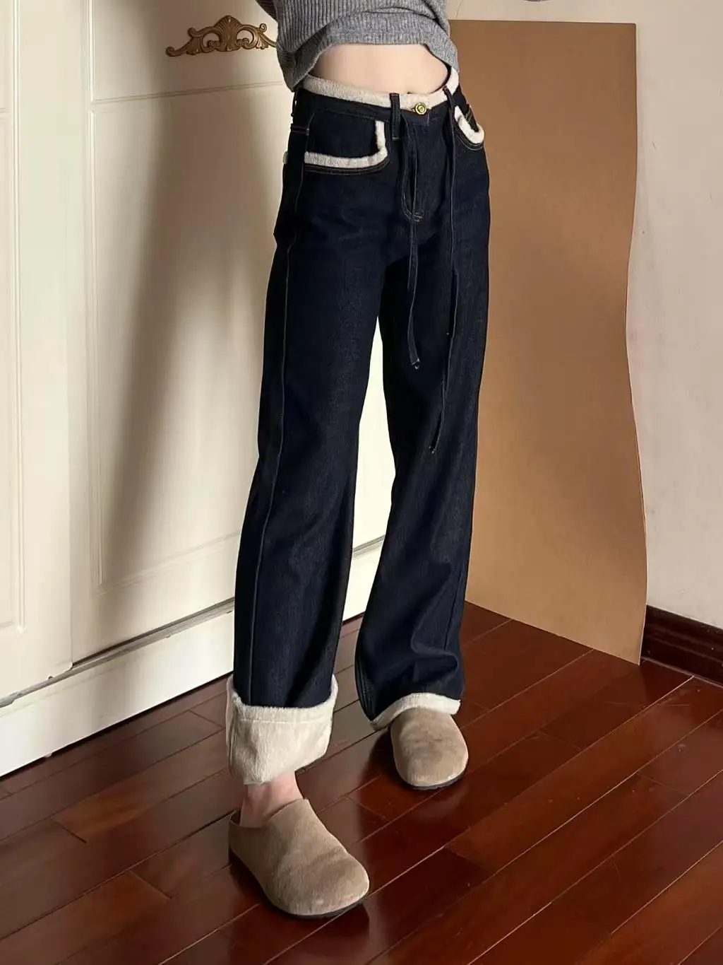 

Women's High Waist Fce Lined Thi Straight Leg Jeans Winter Warm Wide Leg Denim Pants High Waist Long Trousers Deep Color