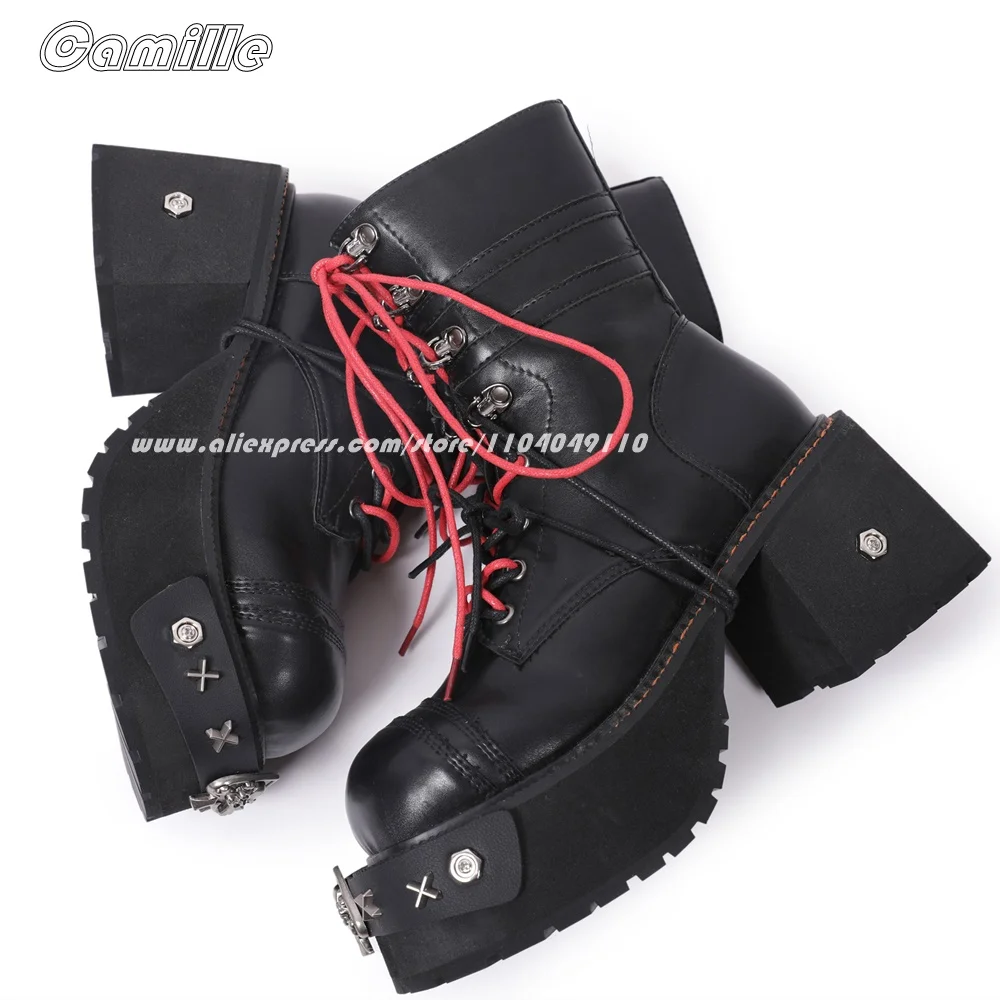 Mixed Color Punk Style Side Zipper Chunky Heel Motorcycle Boots 2025 New All-Match Metal Rivet Casual Boots Front Lace Up Boots