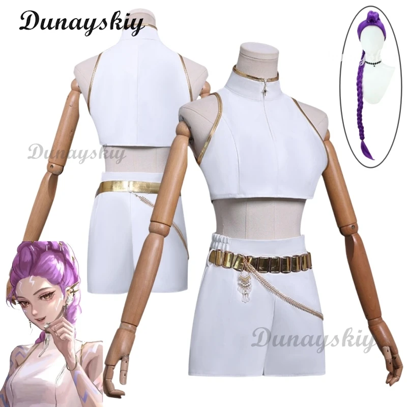 Rumi-Cosplay KPop Demon Hunter, disfraz blanco, peluca para mujeres y niñas, chaleco de fantasía de dibujos animados, pantalones cortos, trajes con cinturón de cadena, Carnaval de Halloween