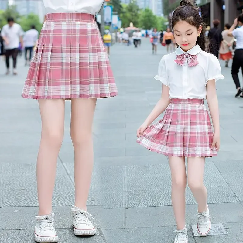 Girls Plaid Skirts Kids School Uniform Toddlers Pleated Tutu Blue Thin Slim High Waist Mini Skirts Child Costumes 2 To 13 Years